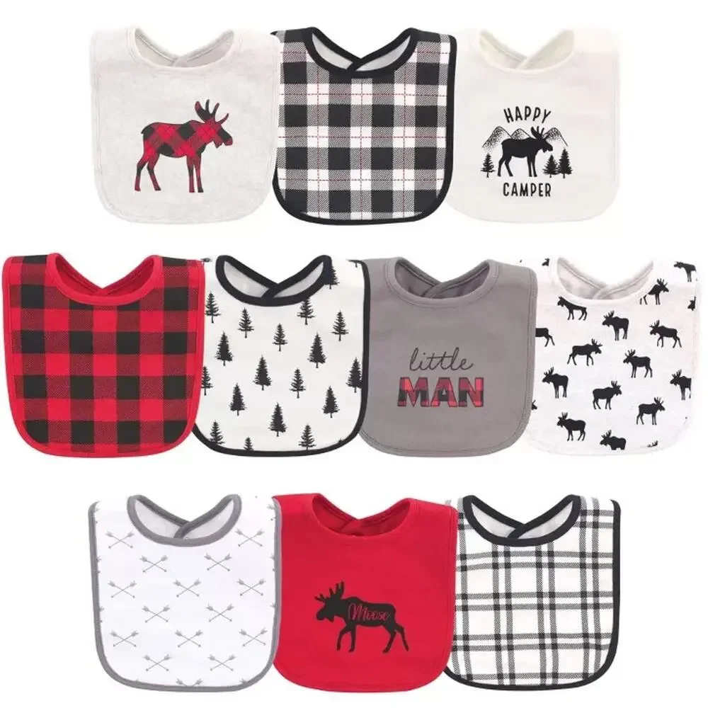 NEW Hudson Baby Infant Boy Cotton Bibs, Buffalo Plaid Moose One Size